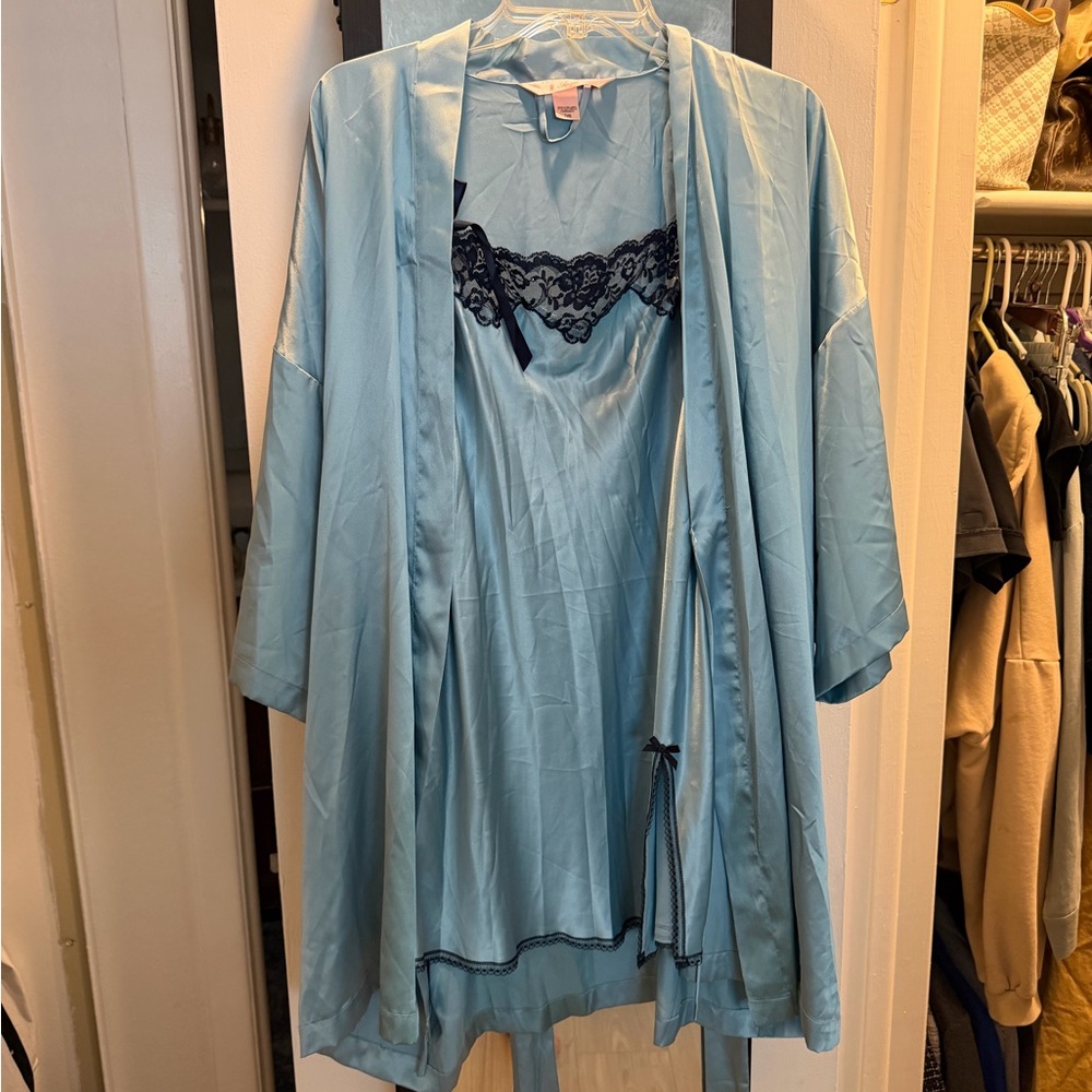 Victoria’s Secret Women’s Satin Robe & Chemise Set - Light Blue with Navy Lace